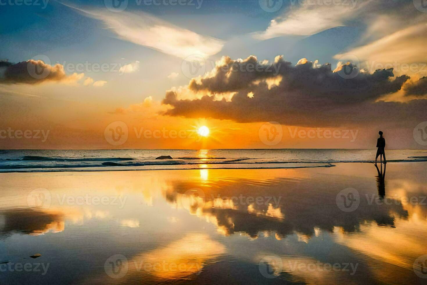a man stands on the beach at sunset. AI-Generated photo