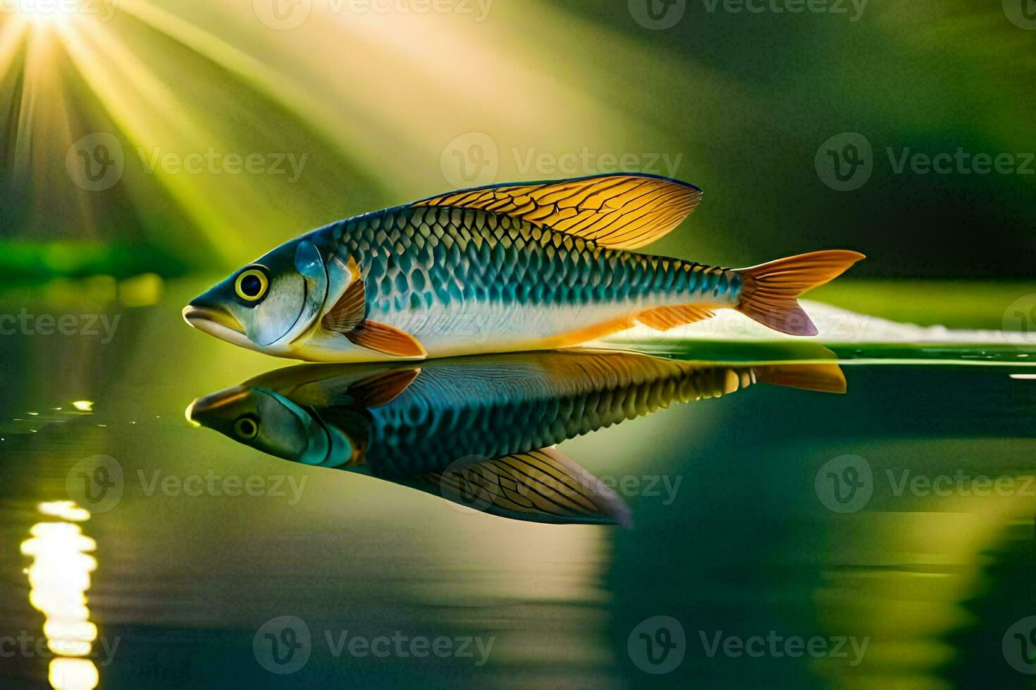 a fish is reflected in the water with sunlight shining. AI-Generated photo