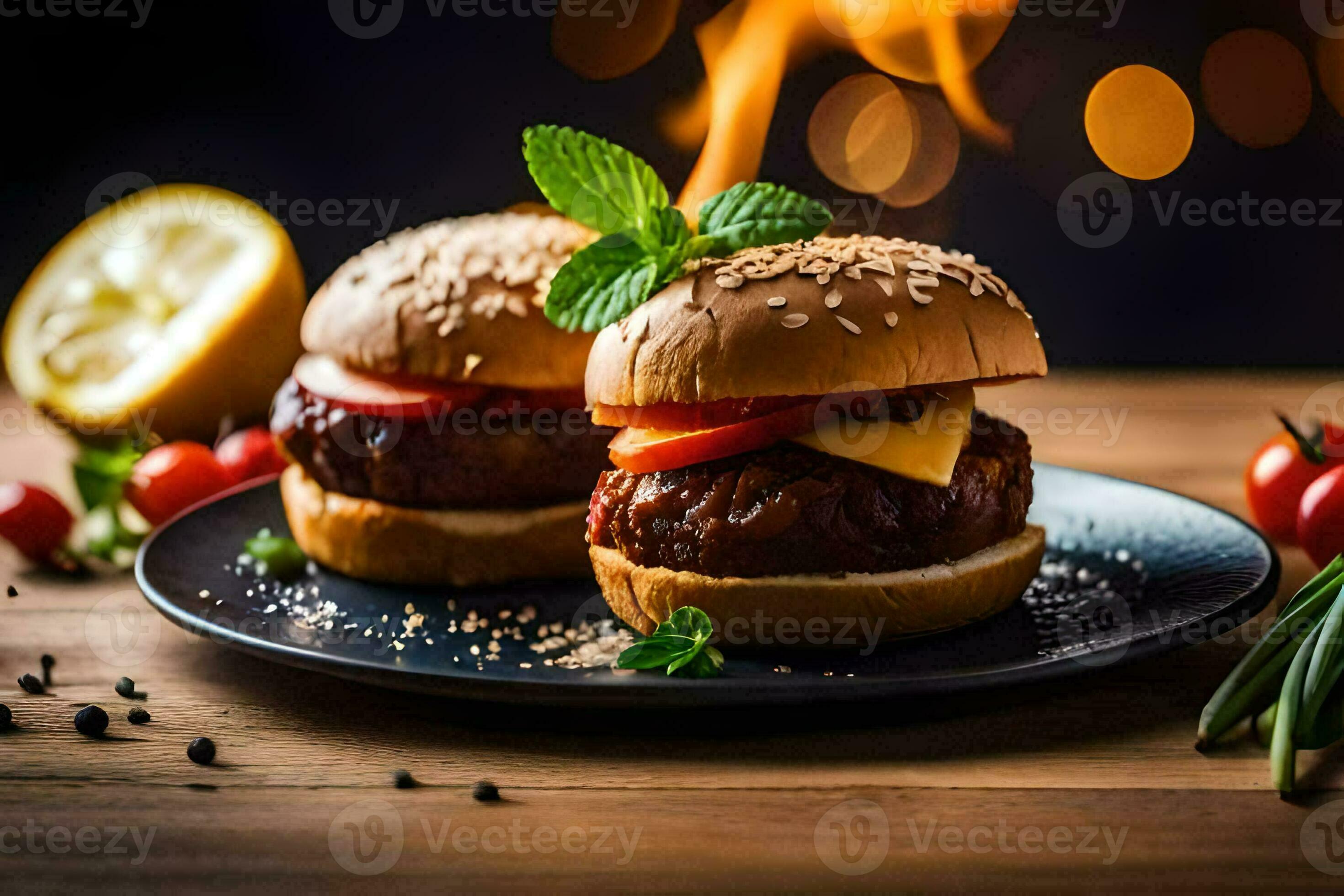 two hamburgers on a plate with a lemon and tomato. AIGenerated