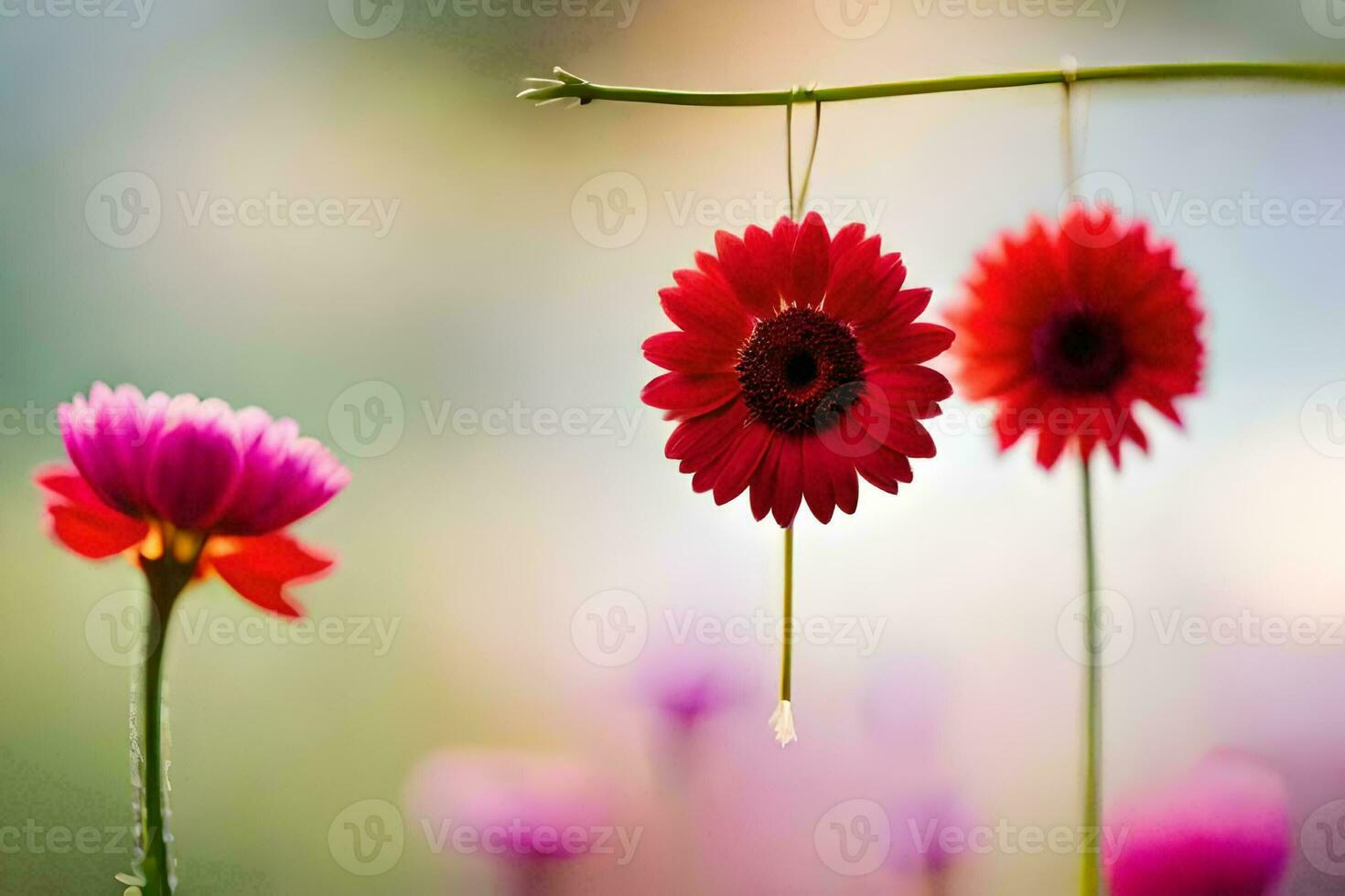 two red flowers hanging from a branch. AI-Generated photo
