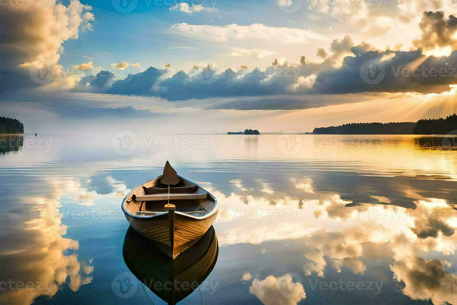 a boat floating on calm water with clouds reflecting in the water. AI-Generated photo