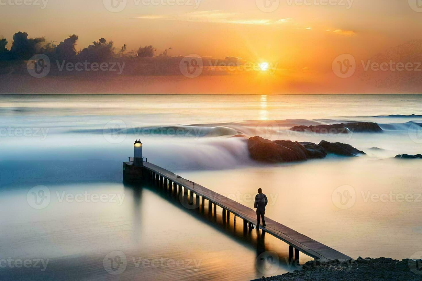 a man stands on a pier looking at the sun setting over the ocean. AI-Generated photo