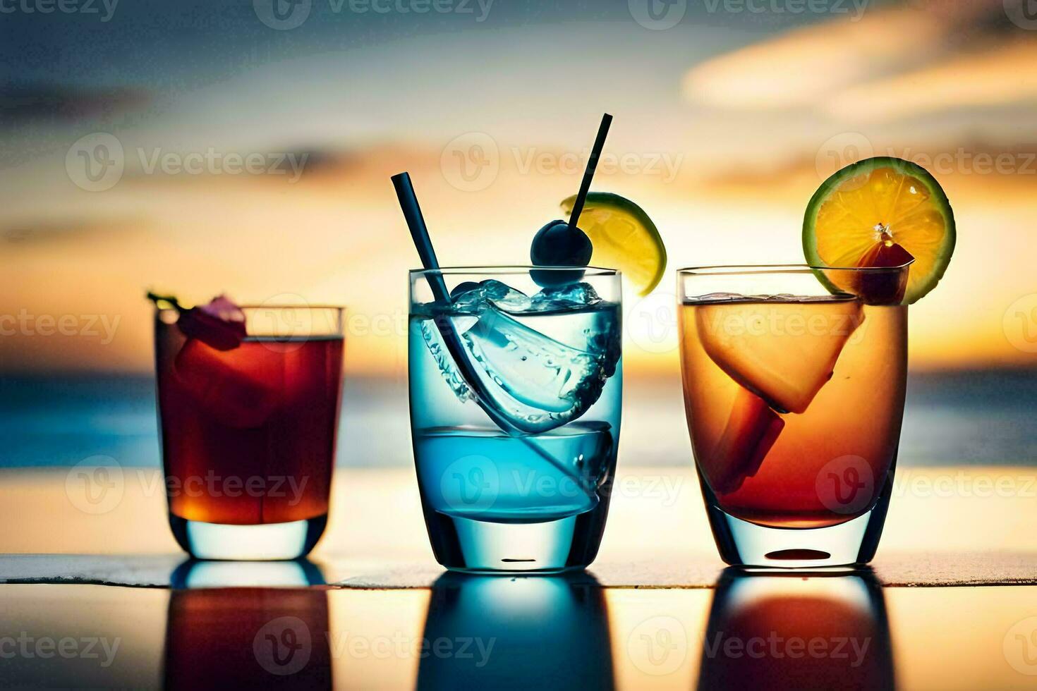 three different drinks are shown in front of the sunset. AI-Generated photo