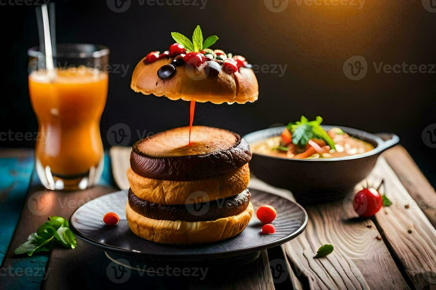 a stack of hamburgers on a plate with a drink. AI-Generated photo