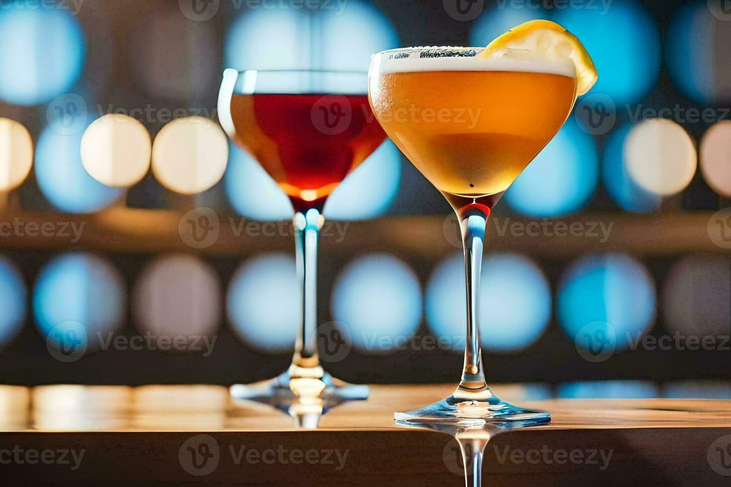 two cocktails sit on a table in front of a blue background. AI-Generated photo