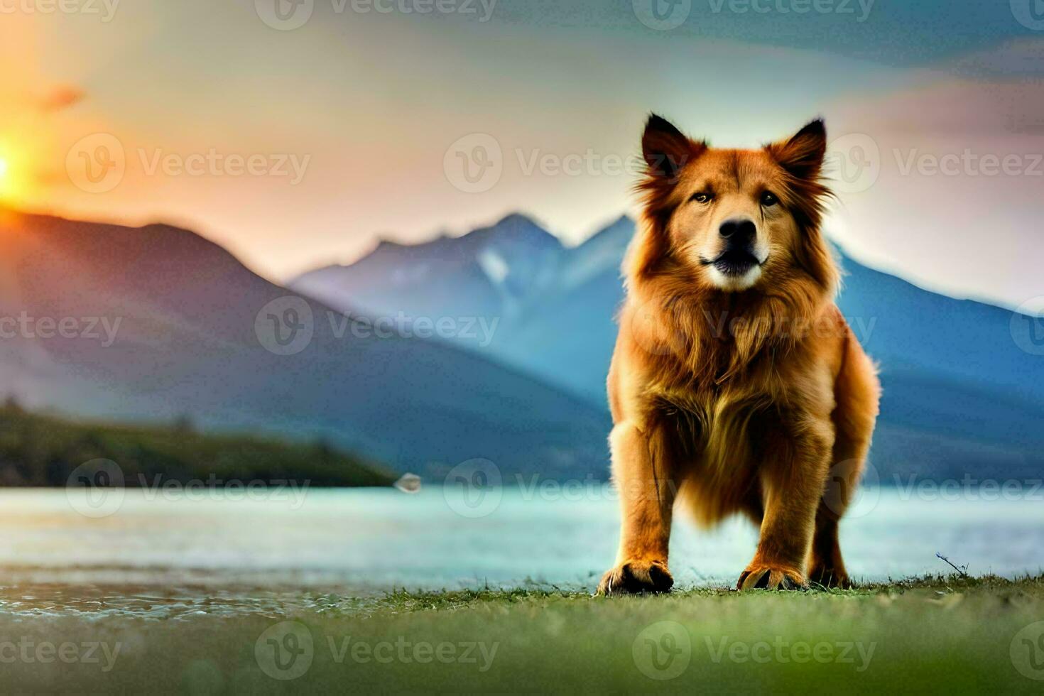 a dog standing on the grass in front of a lake. AI-Generated photo