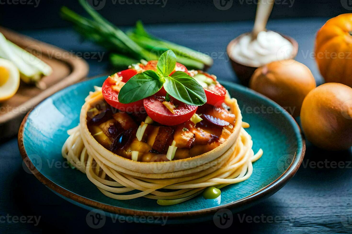 a plate with spaghetti and tomatoes on it. AI-Generated photo