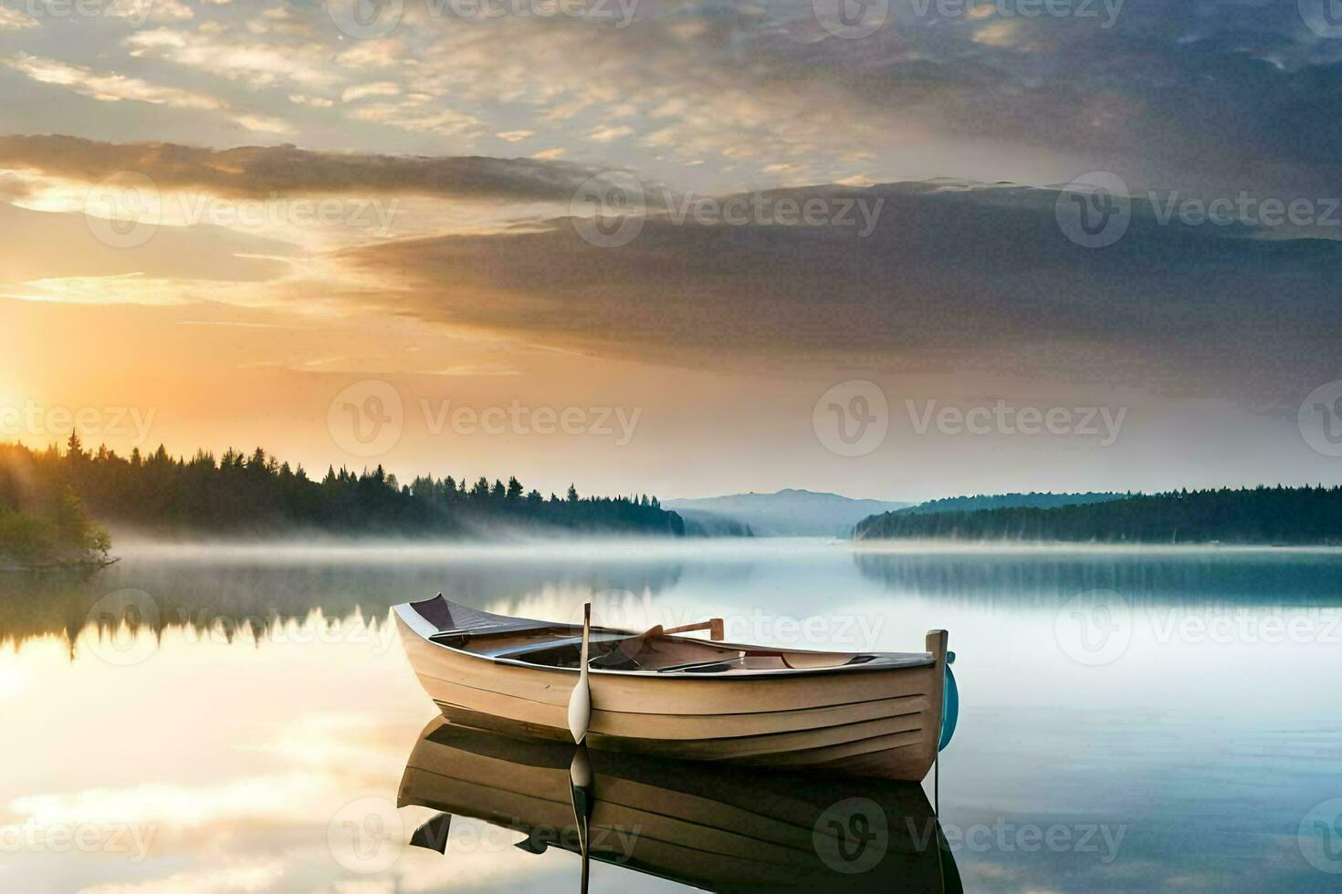 a boat sits on the water at sunset. AI-Generated photo