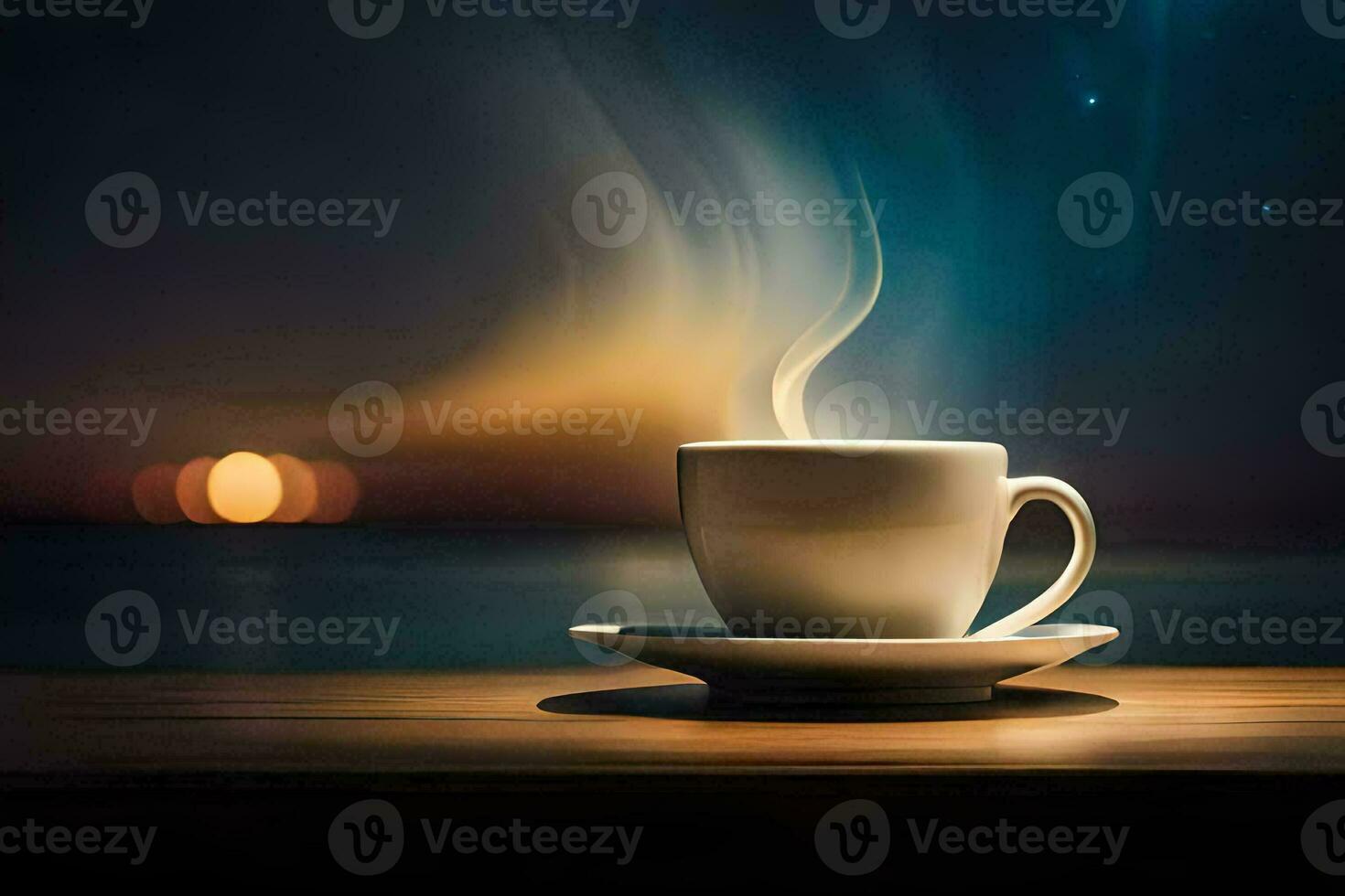 coffee cup on the table, the moon, the sea, the night, the night sky. AI-Generated photo