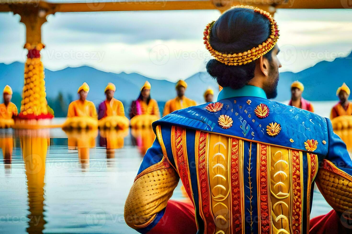 the man in the colorful outfit is looking at the people in the water. AI-Generated photo