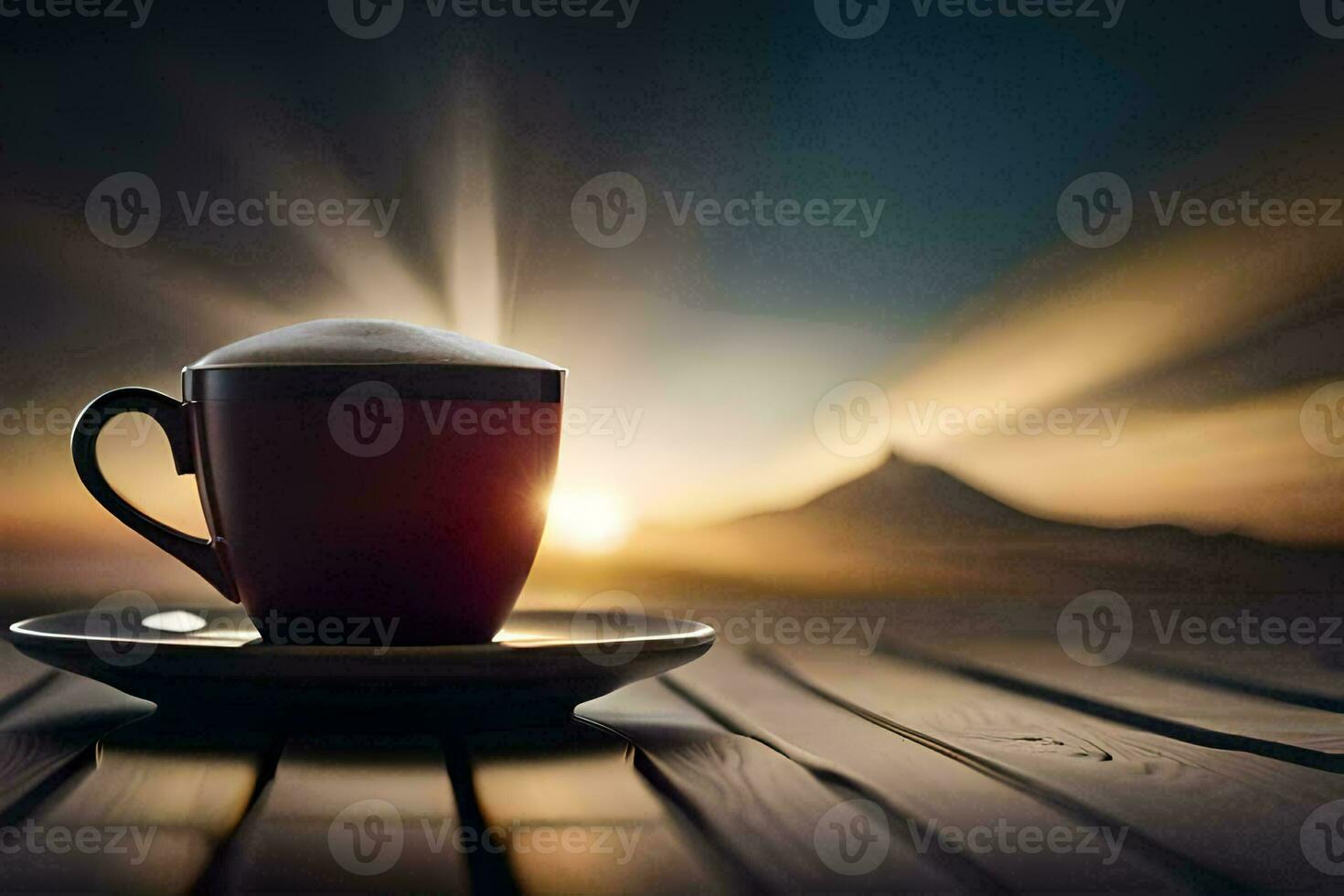 coffee cup on a wooden table with sun shining behind. AI-Generated photo
