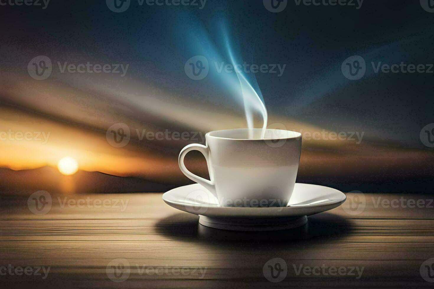 a cup of coffee on a table with a sunset in the background. AI-Generated photo