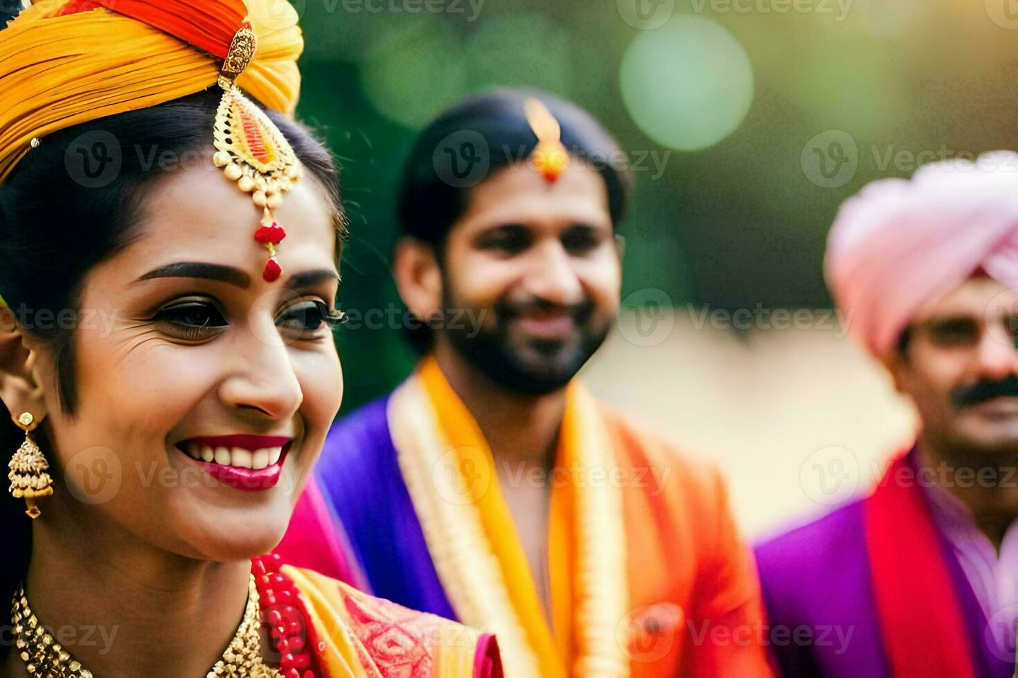 a bride and groom in traditional indian attire. AI-Generated photo
