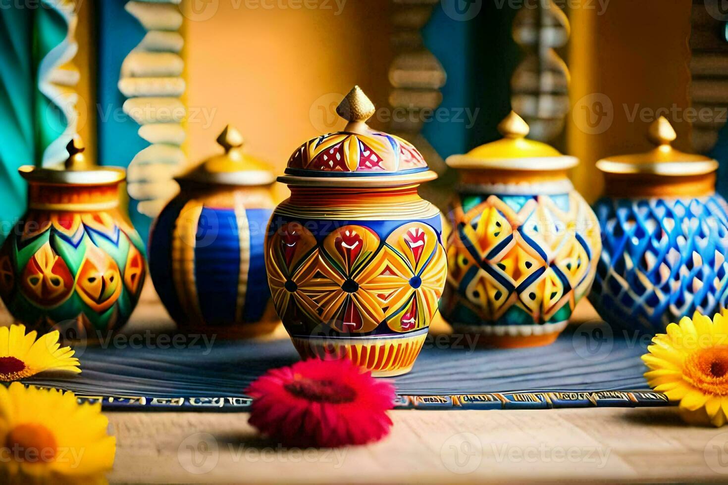 colorful vases with colorful designs on them. AI-Generated photo