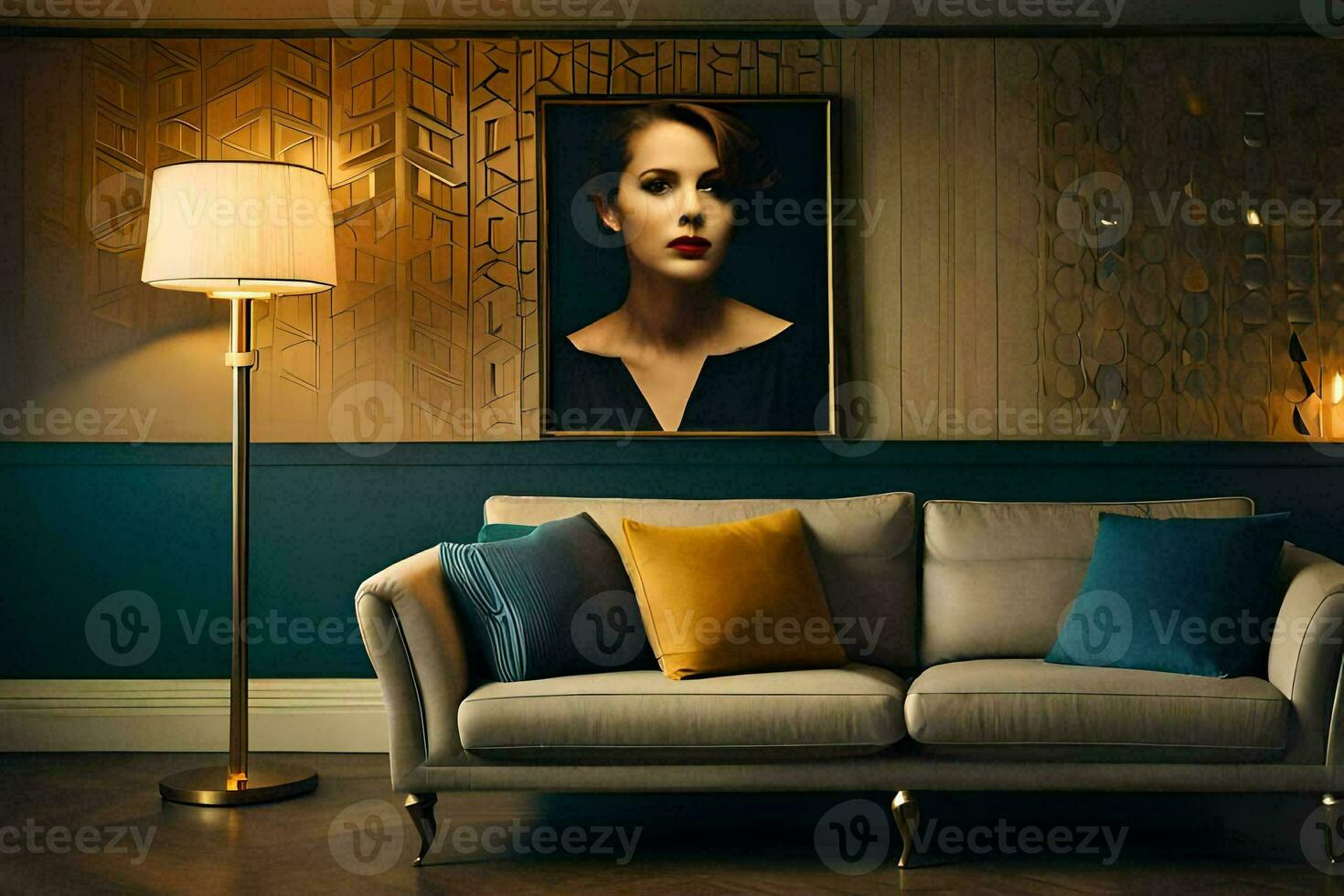 a living room with a couch, lamp and a painting. AI-Generated photo