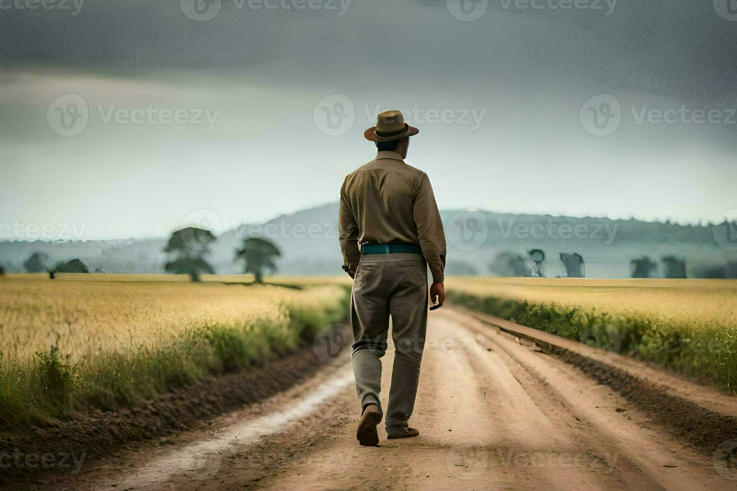 a man in a hat walks down a dirt road. AI-Generated photo