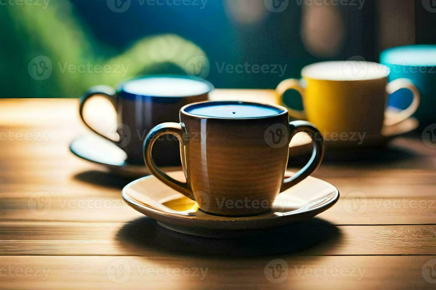 three coffee cups on a wooden table. AI-Generated photo