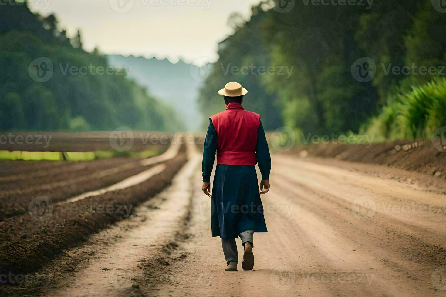 a man in a hat and red coat walking down a dirt road. AI-Generated photo