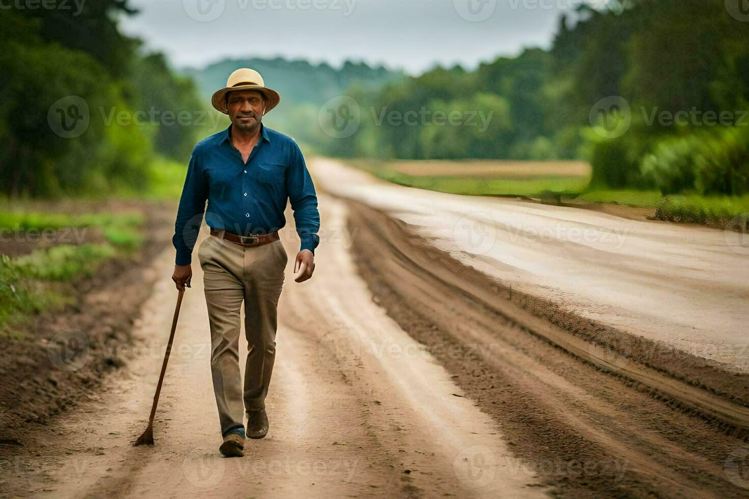 a man walking down a dirt road with a stick. AI-Generated photo