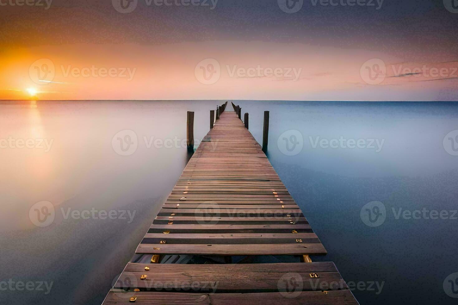 a long exposure photograph of a dock in the ocean. AI-Generated photo