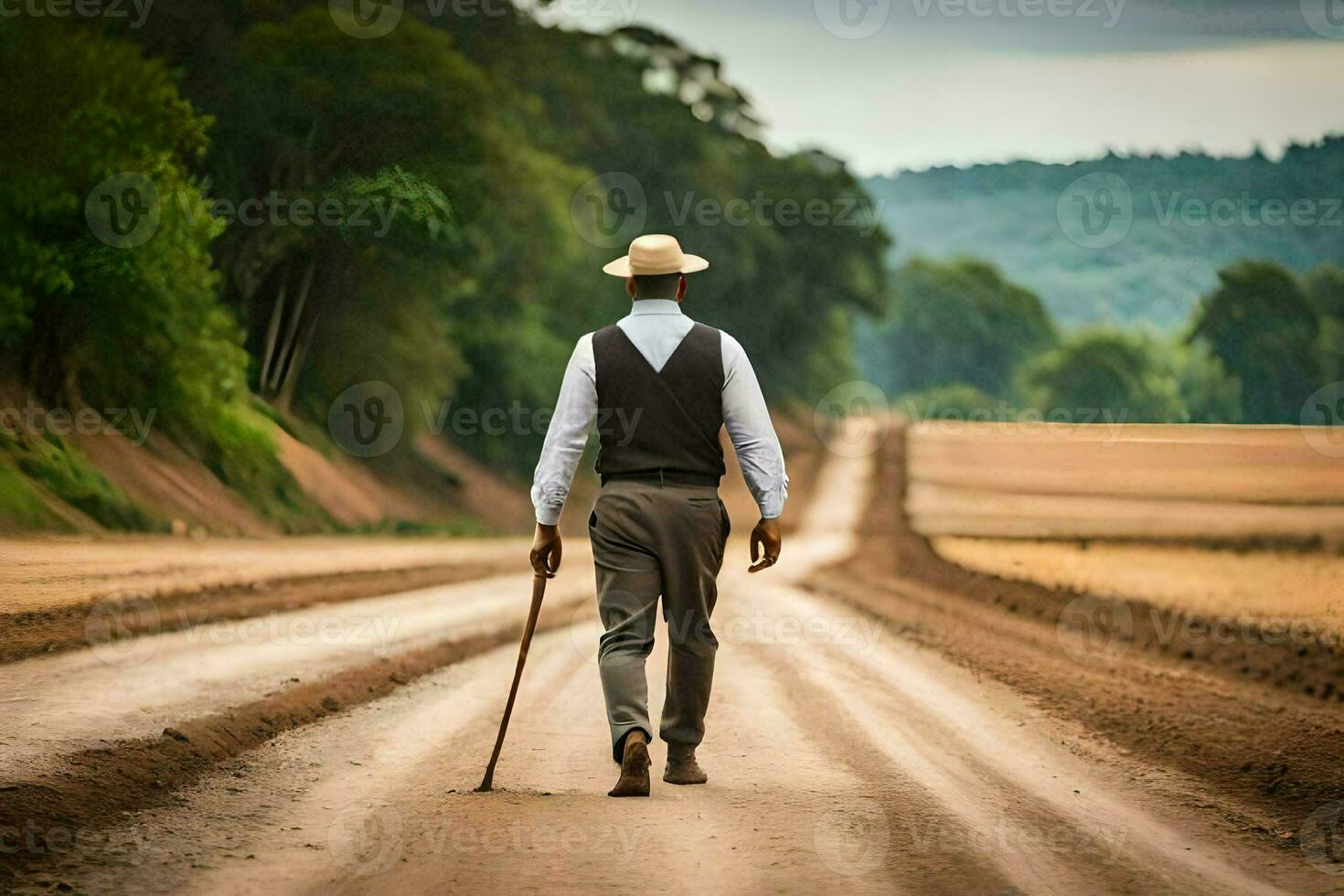 a man walking down a dirt road with a cane. AI-Generated photo