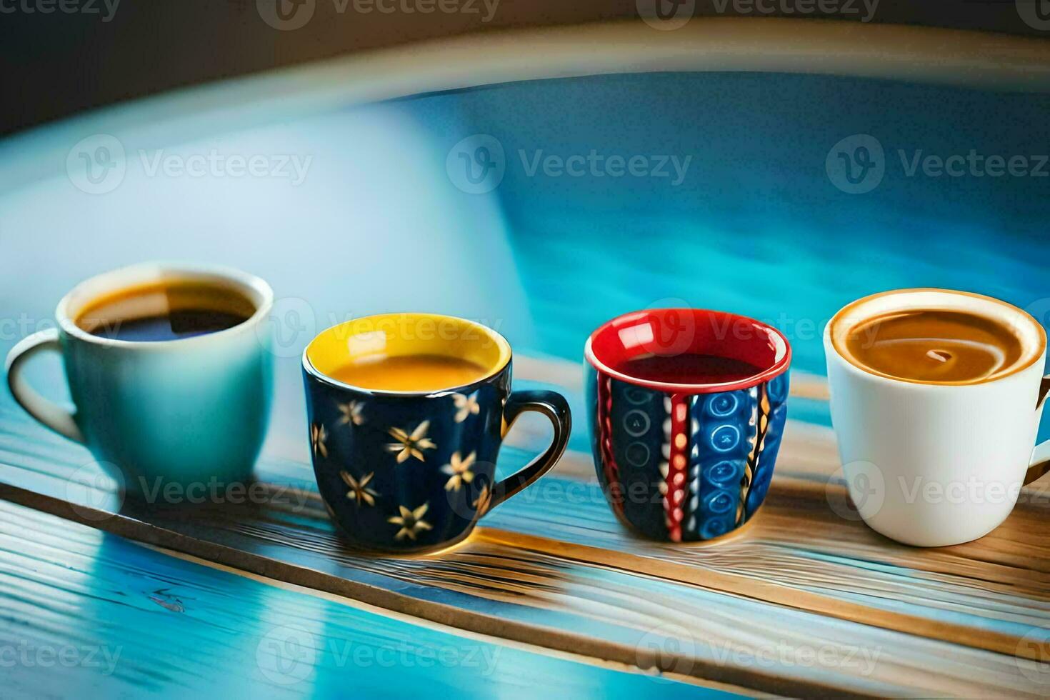 three different coffee cups on a table. AI-Generated photo