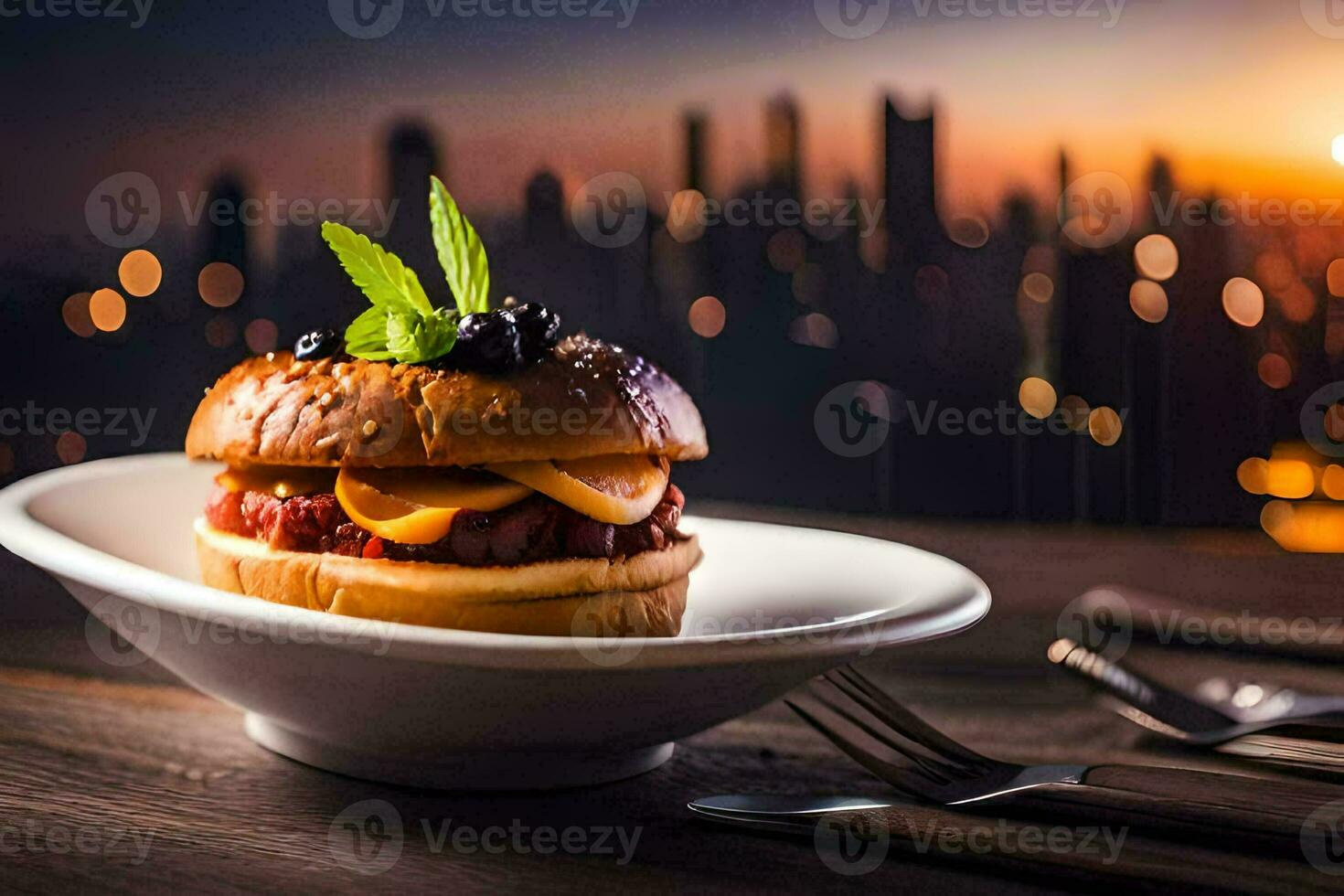a burger on a plate with a cityscape in the background. AI-Generated photo