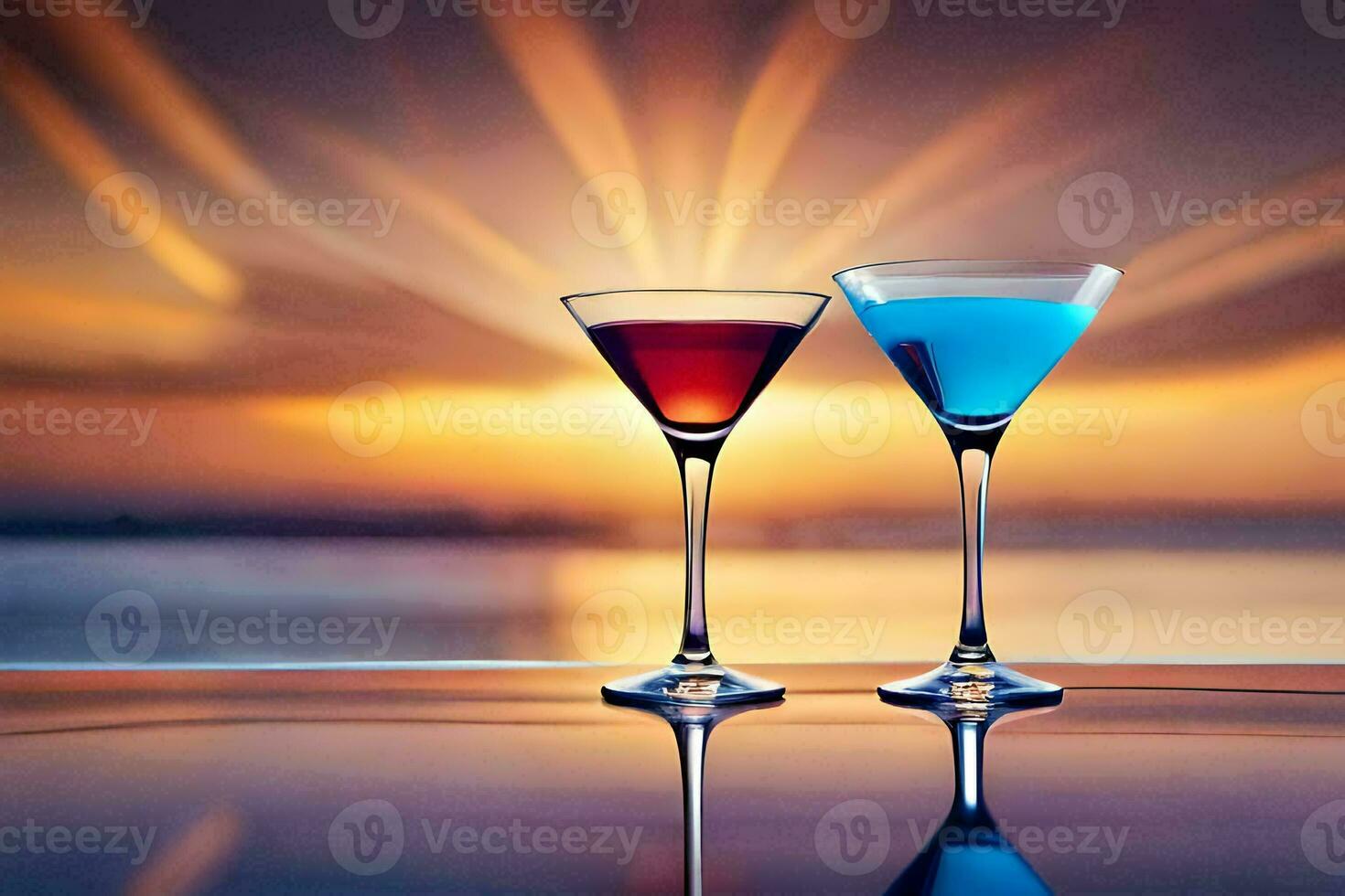 two glasses of colorful cocktails on a table. AI-Generated photo