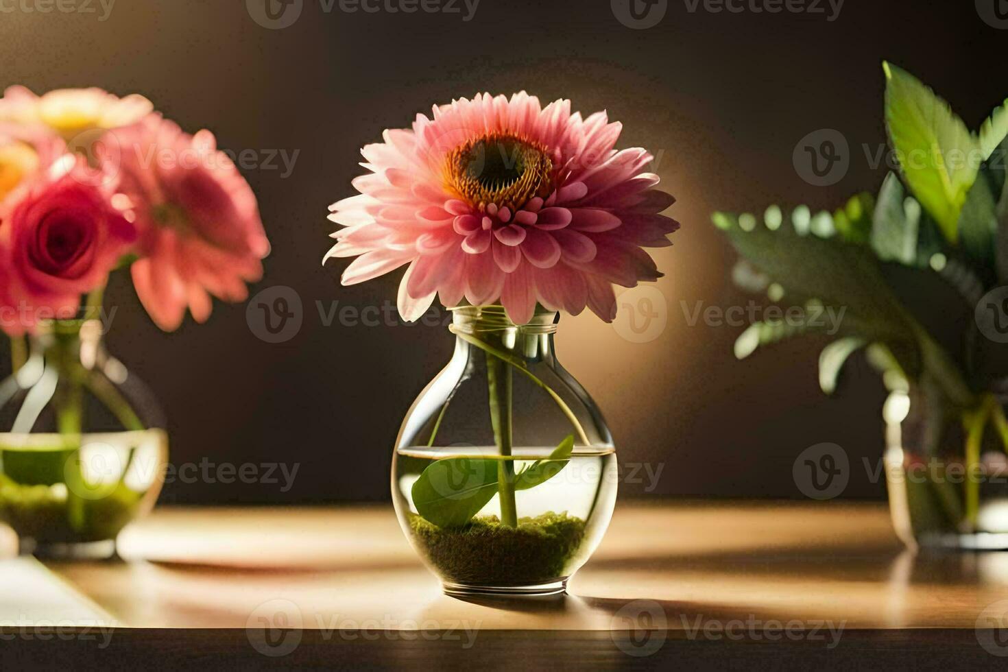 three vases with pink flowers in them on a table. AI-Generated photo