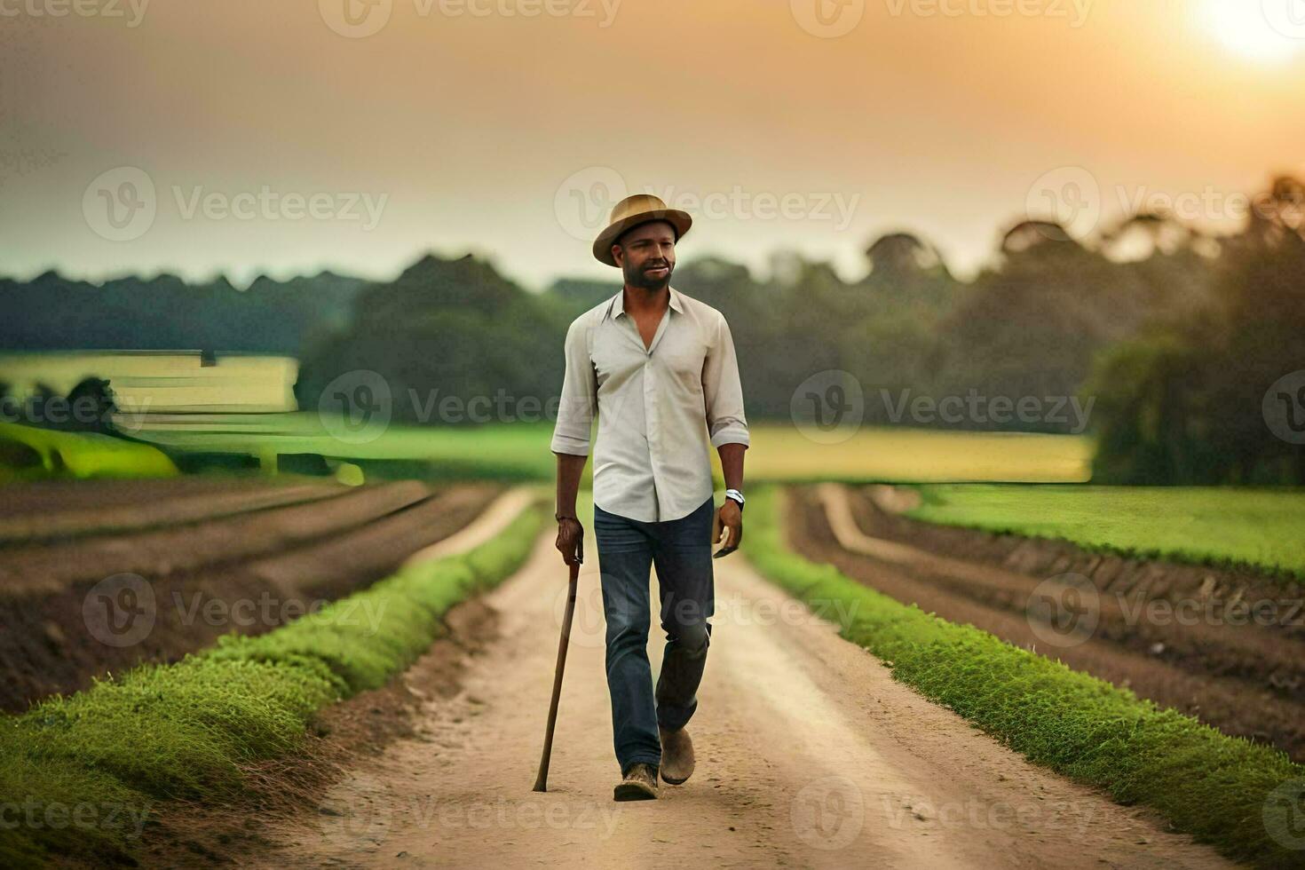 a man walking down a dirt road with a cane. AI-Generated photo