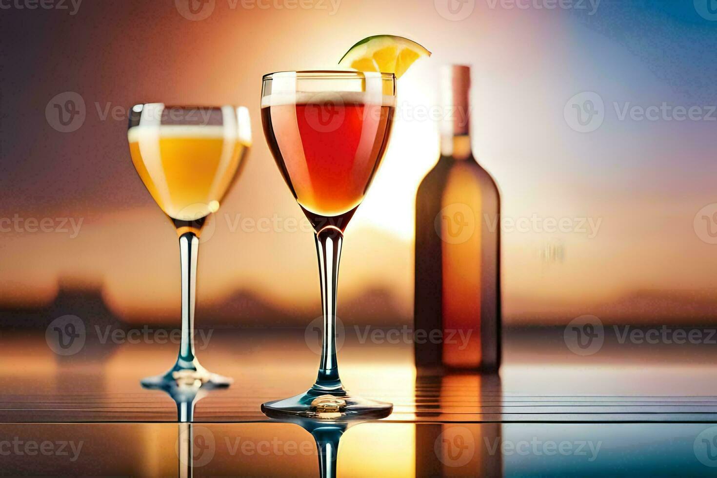 two glasses of wine and a bottle of wine. AI-Generated photo