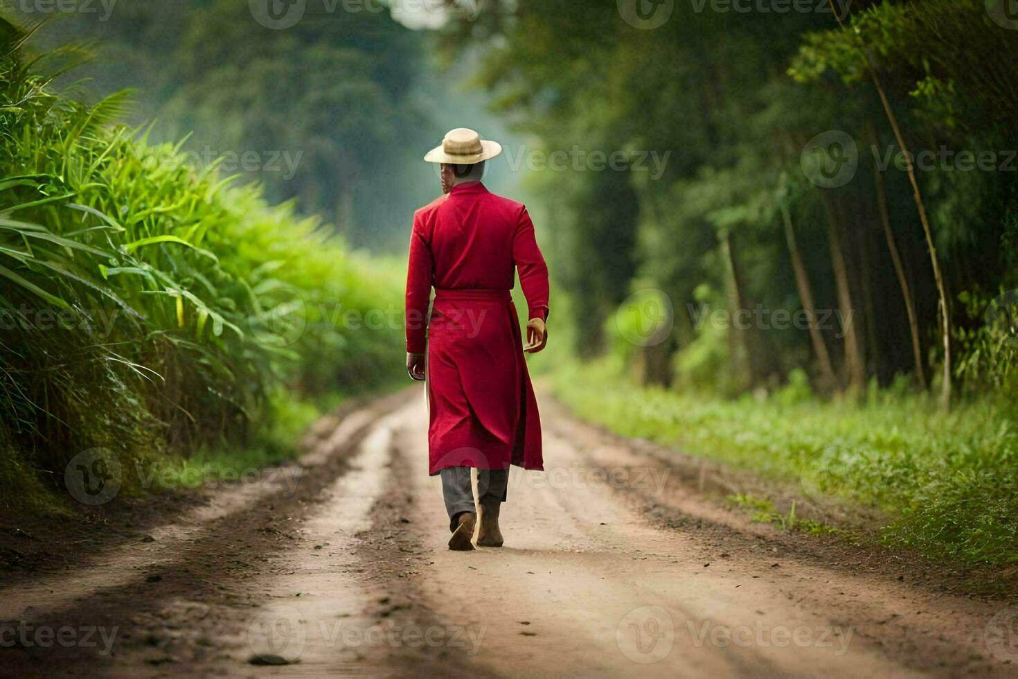 a man in a red coat and hat walking down a dirt road. AI-Generated photo
