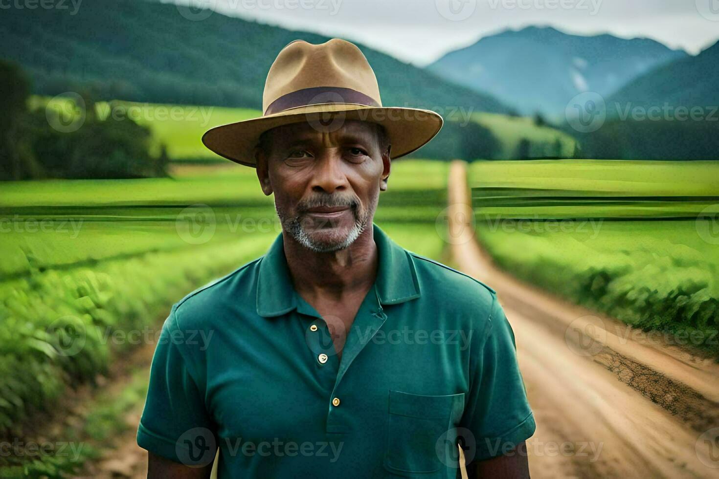 a man in a hat standing on a dirt road. AI-Generated photo