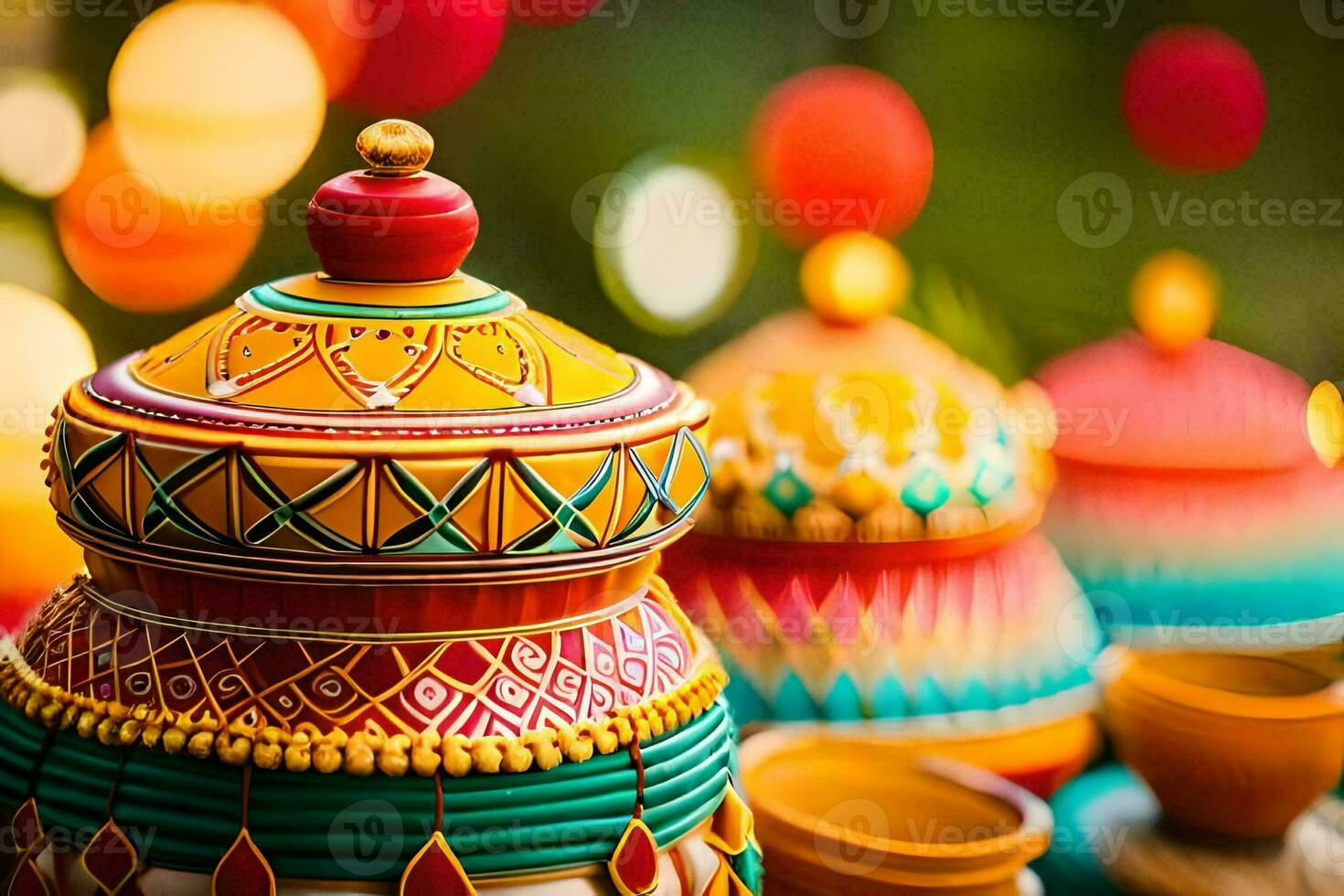colorful pots and bowls sit on a table. AI-Generated photo