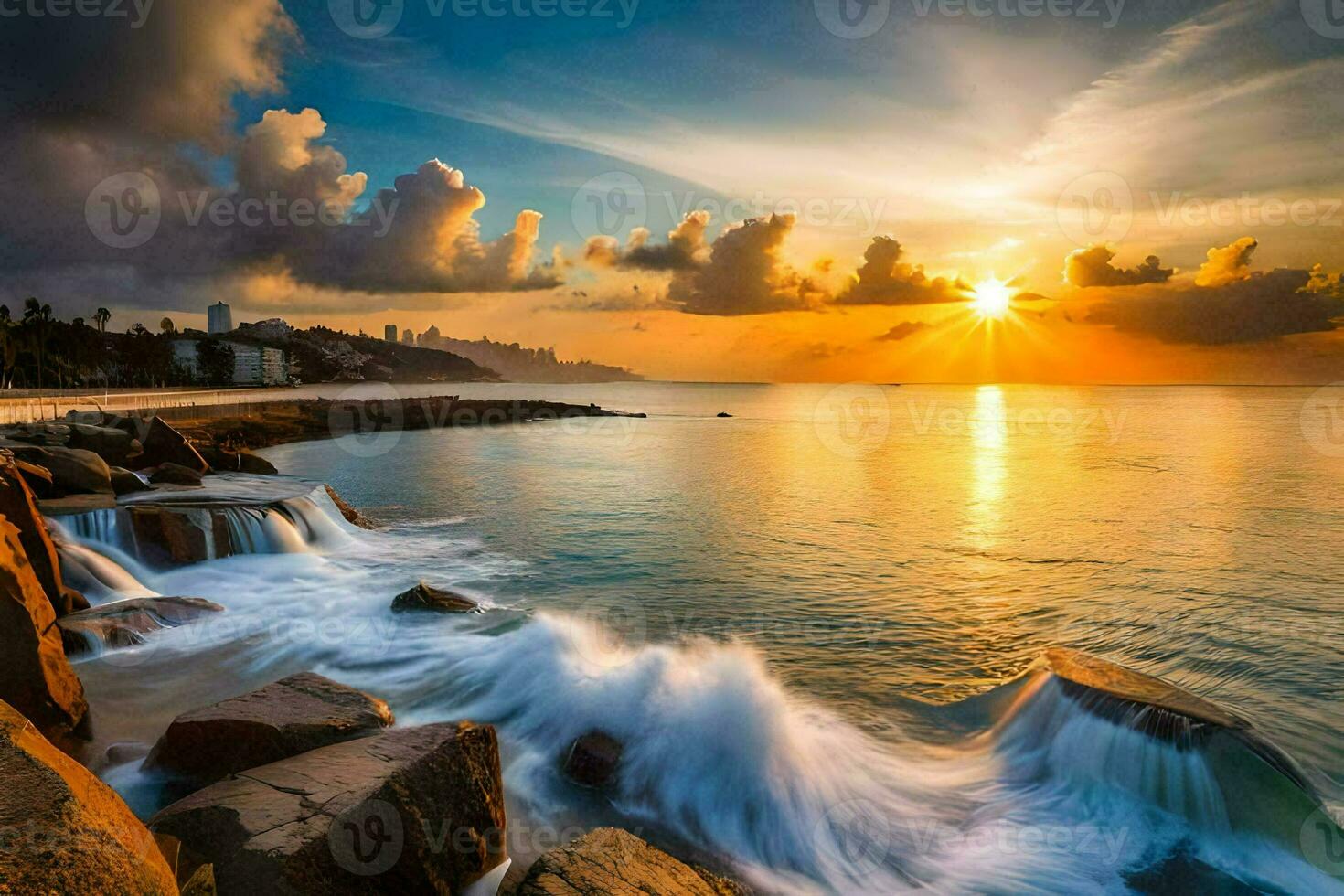 the sun rises over the ocean and waves crashing on the rocks. AI-Generated photo