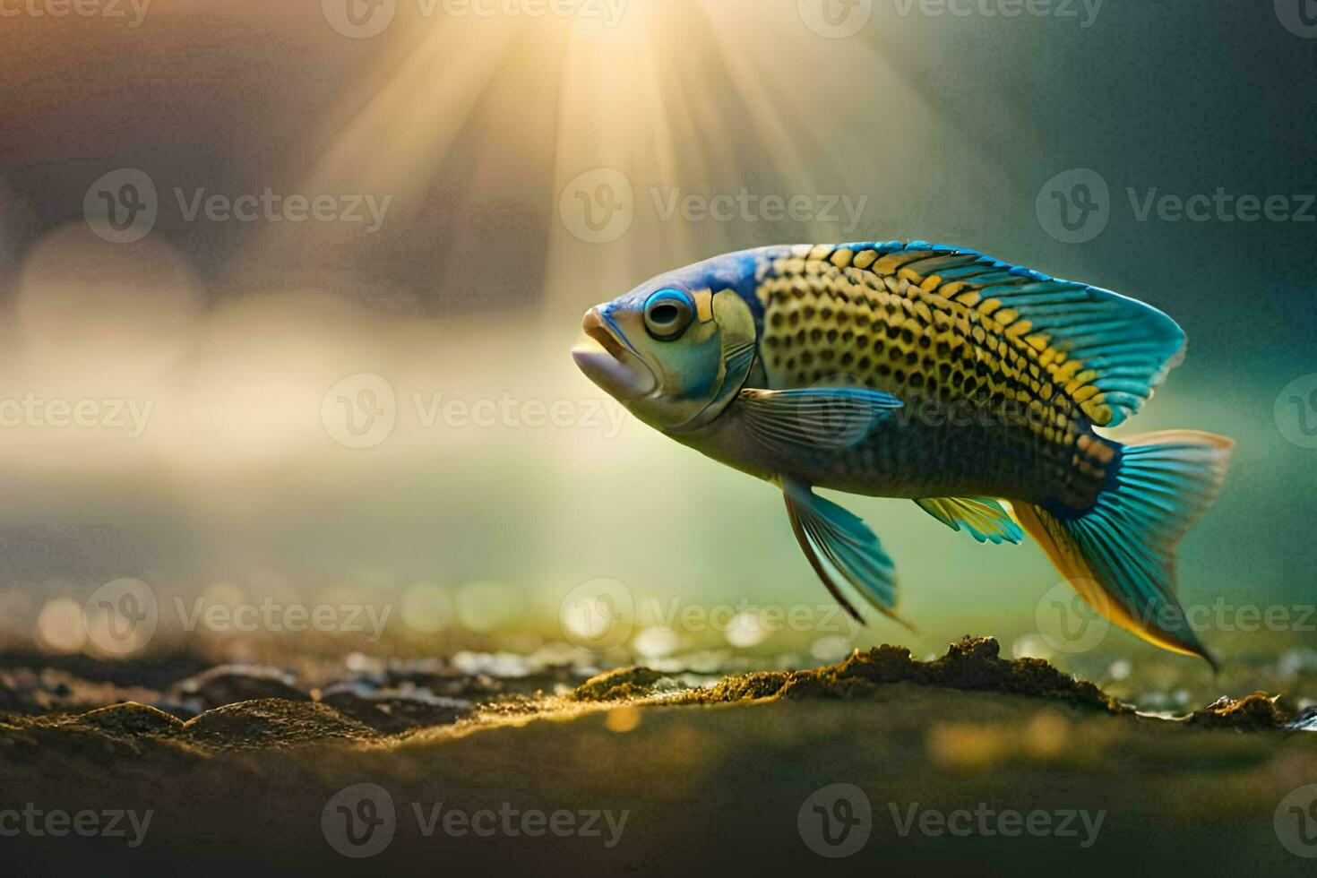 a fish is standing on the ground with sunlight shining through the water. AI-Generated photo