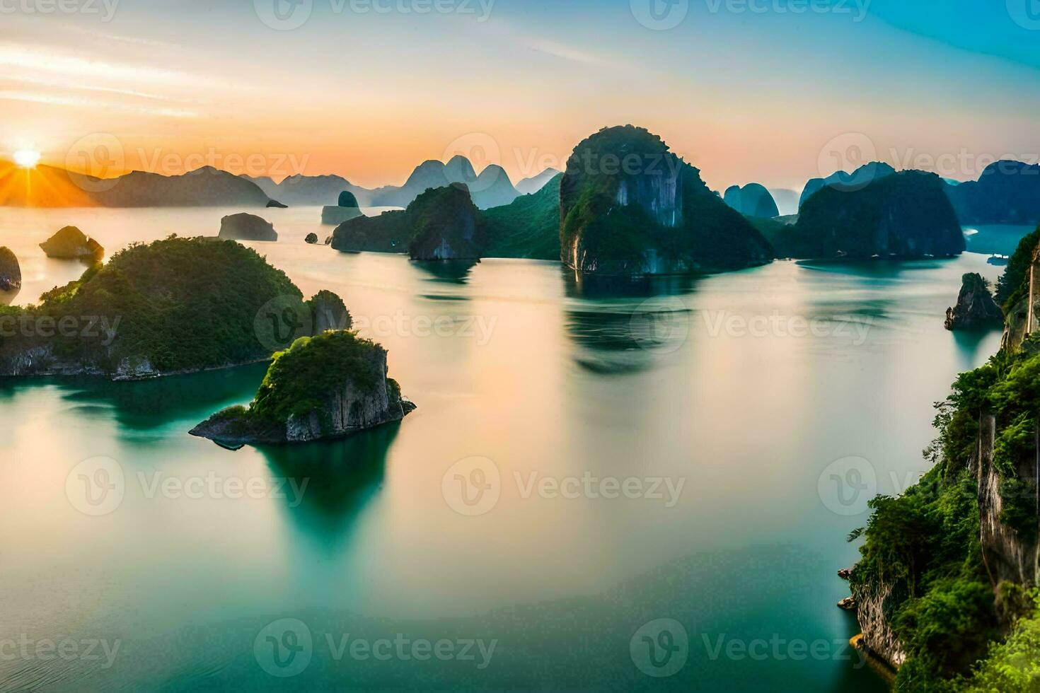 the sun sets over the water in halong bay, vietnam. AI-Generated photo