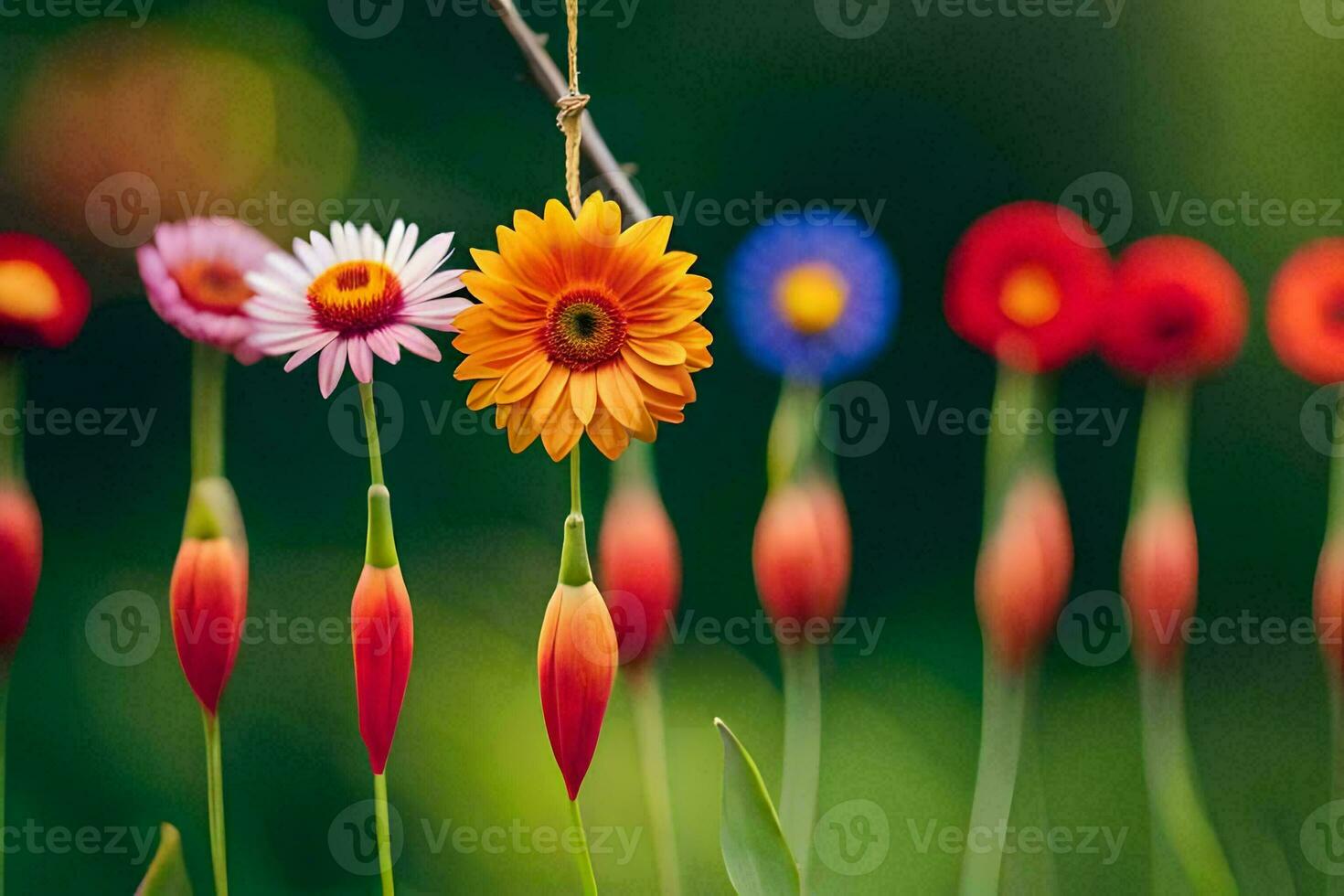 colorful flowers are hanging from a branch. AI-Generated photo