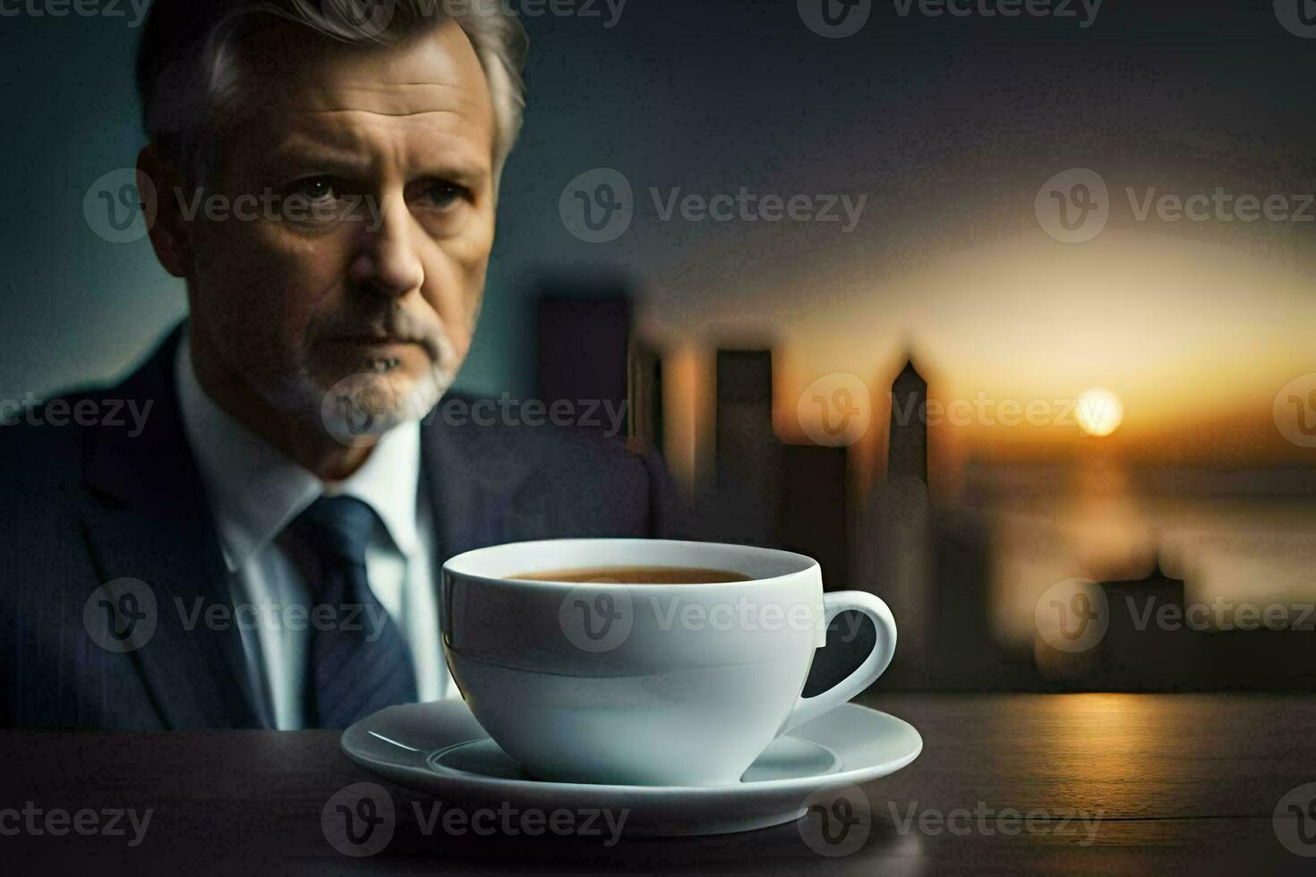 a man in a suit and tie sits at a table with a cup of coffee. AI-Generated photo