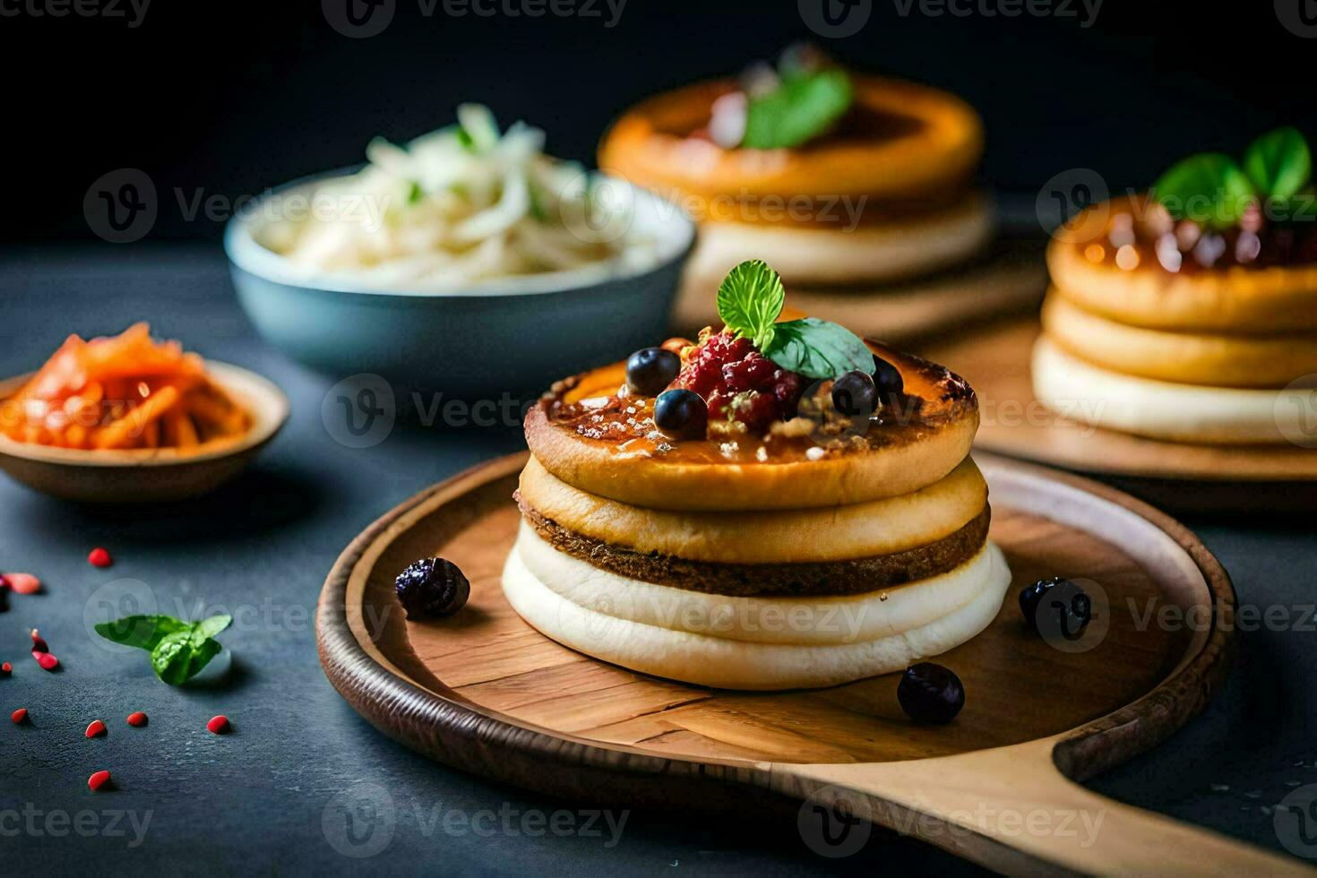 a plate of pancakes with berries and other toppings. AI-Generated photo