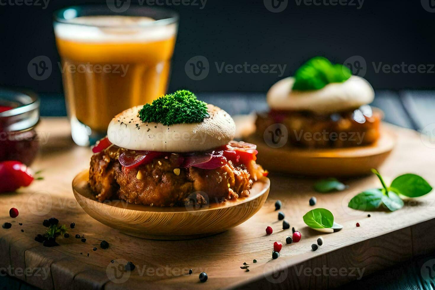 two small cakes with meat and vegetables on a wooden board. AI-Generated photo
