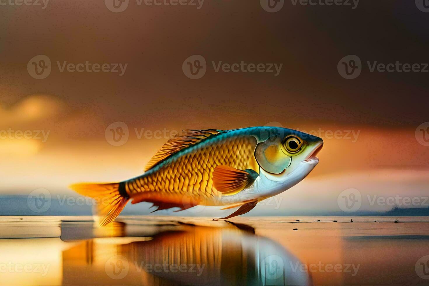 a fish is standing on the water with a sunset in the background. AI-Generated photo