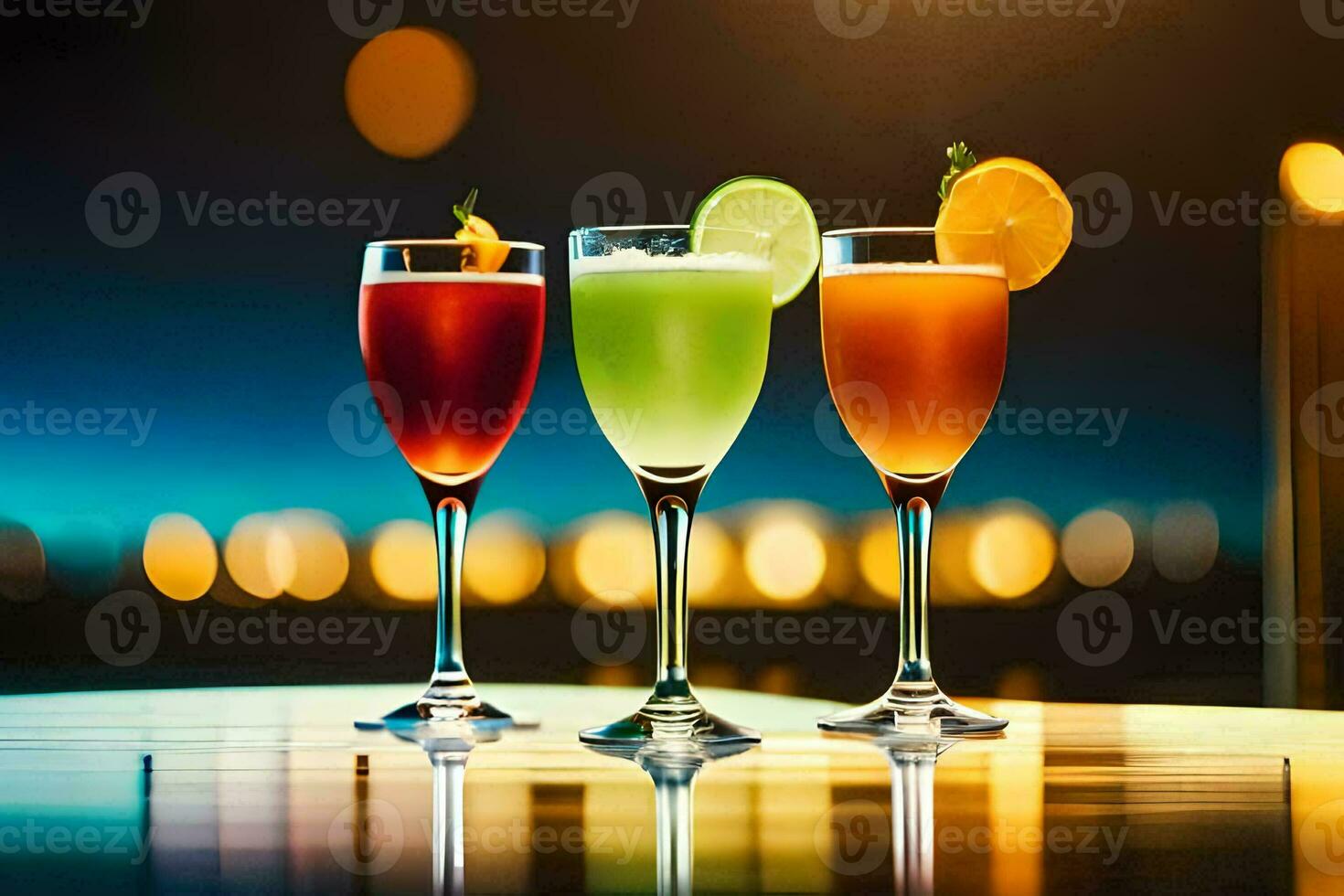 three glasses of different colored drinks on a table. AI-Generated photo