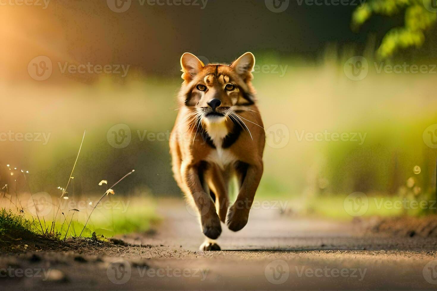 a brown dog running on a road in the sunlight. AI-Generated photo