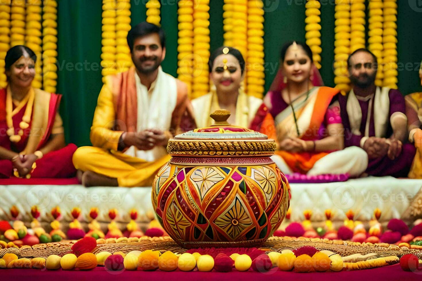 a group of people in traditional indian attire sit around a large pot. AI-Generated photo