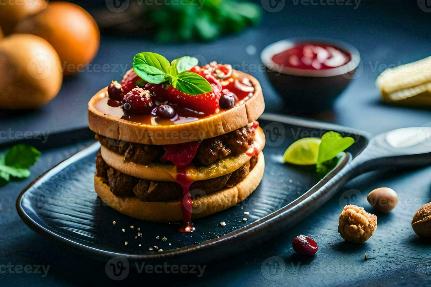 a stack of pancakes with berries and nuts on top. AI-Generated photo