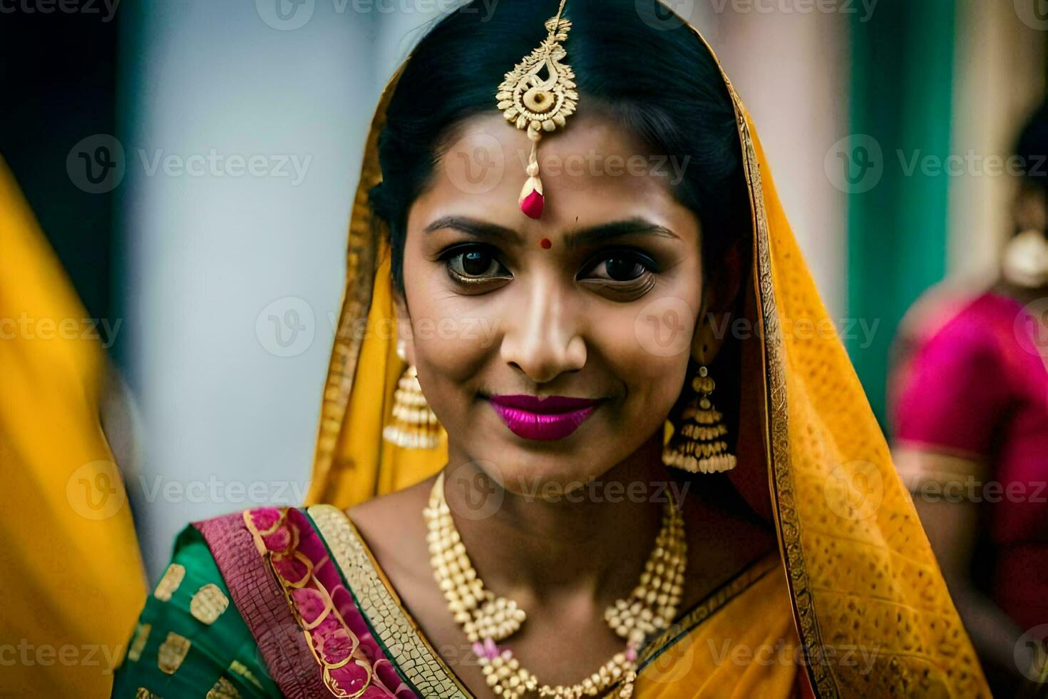 a woman in a sari with gold jewelry. AI-Generated photo