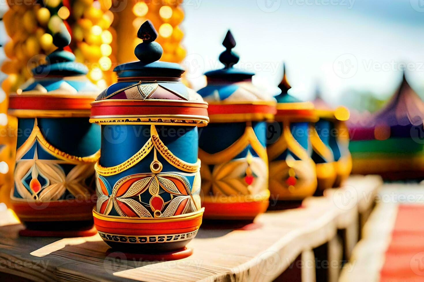 colorful vases are lined up on a wooden table. AI-Generated photo