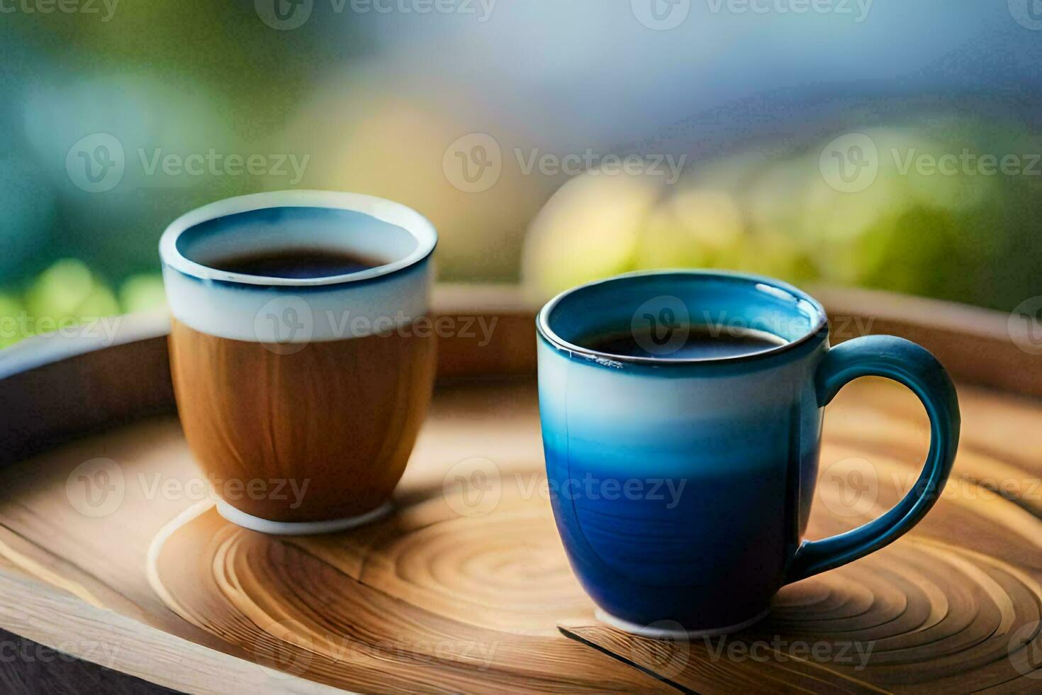 two coffee cups on a wooden tray. AI-Generated photo