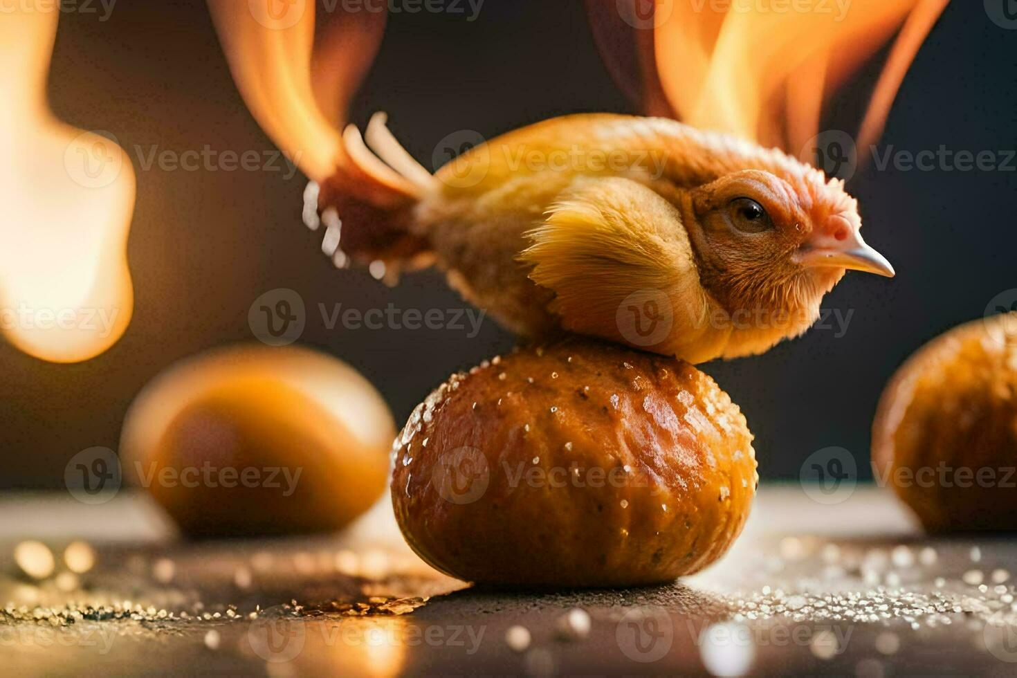 a chicken is sitting on top of a ball of fire. AI-Generated photo